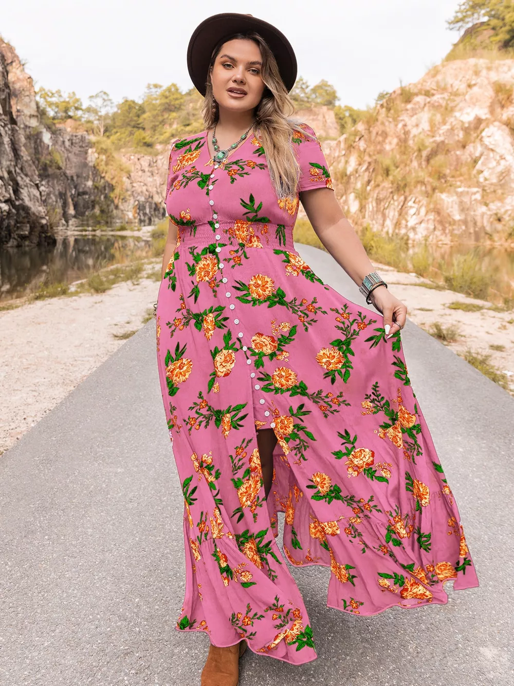 Plus Size Floral V-Neck Short Sleeve Maxi Dress, image 8