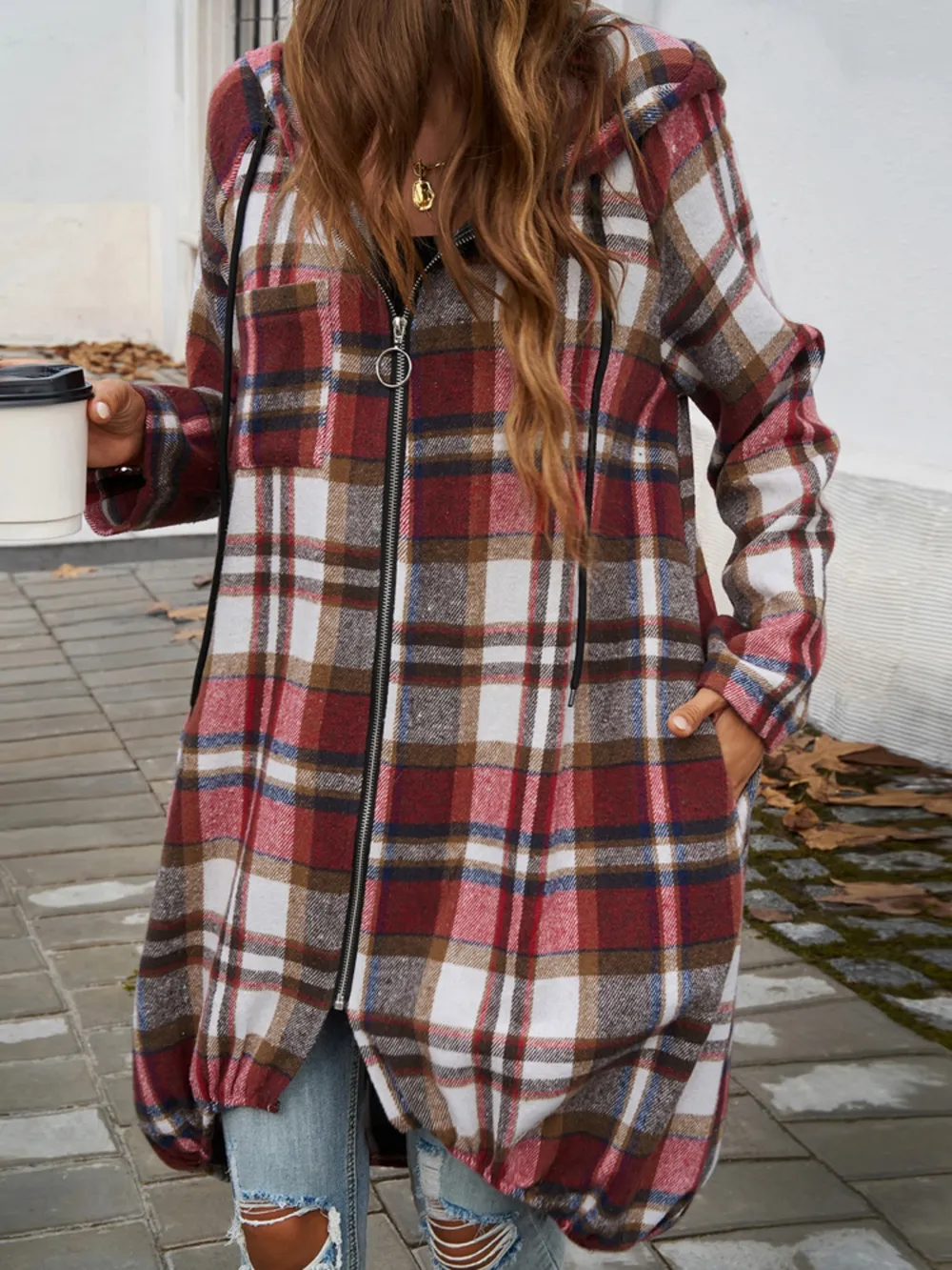 Plaid Zip Up Hooded Coat, image 6