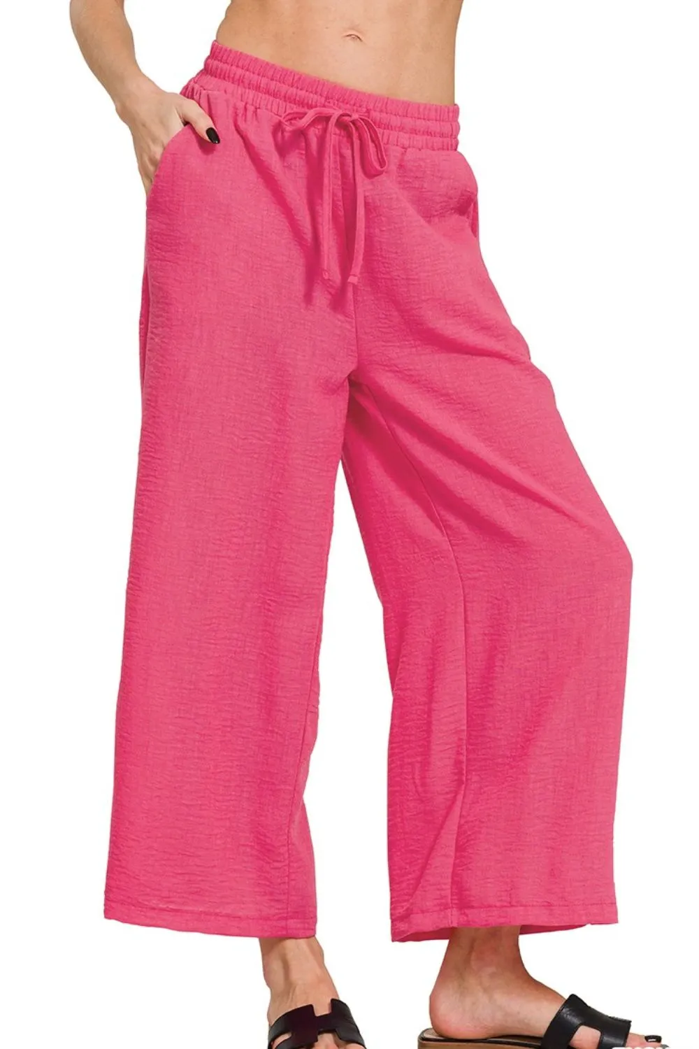 Woven Crepe Elastic Band Waist Cropped Pants, image 2