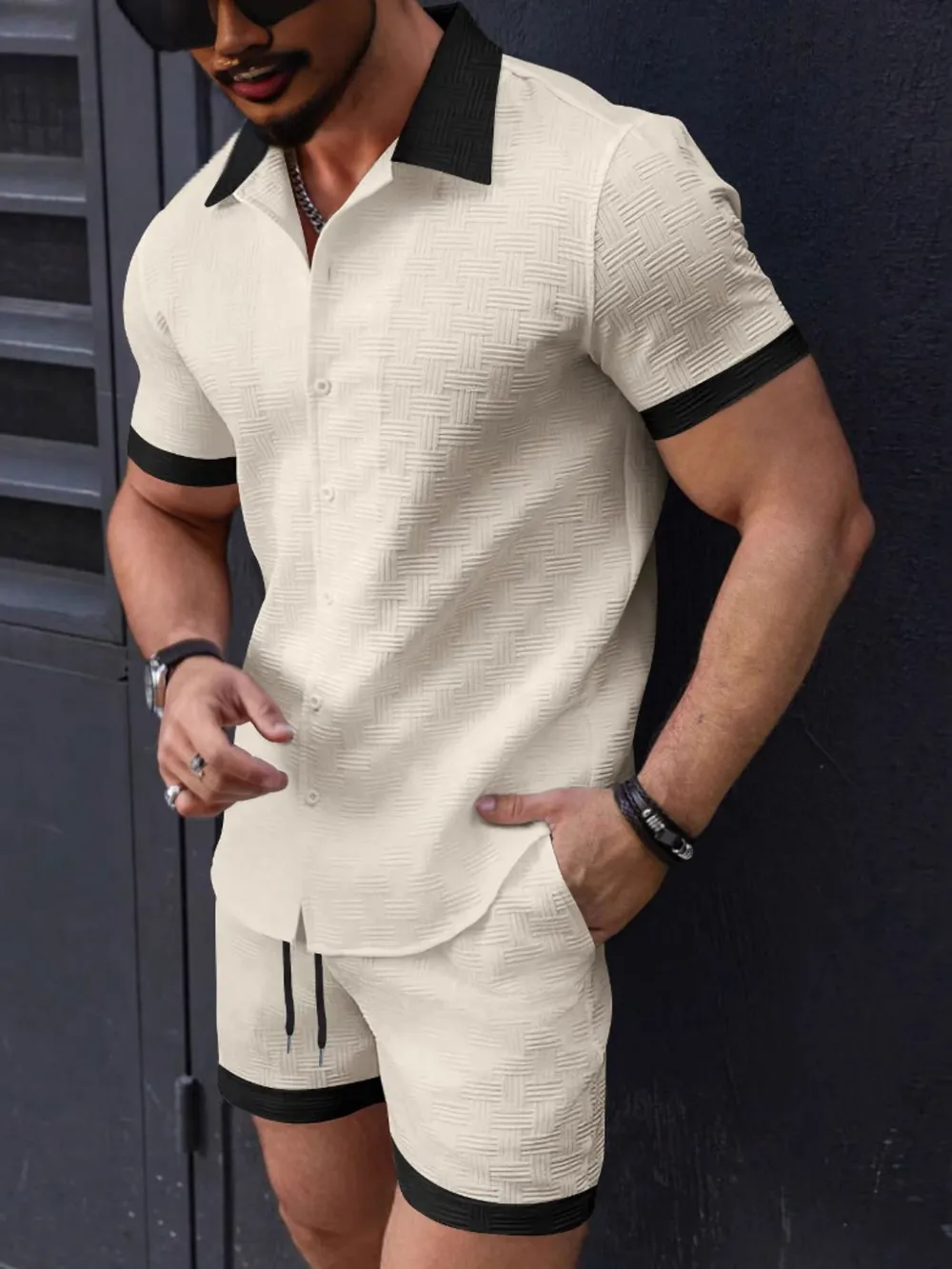 Men's Button Up Short Sleeve Shirt and Shorts Set, image 3
