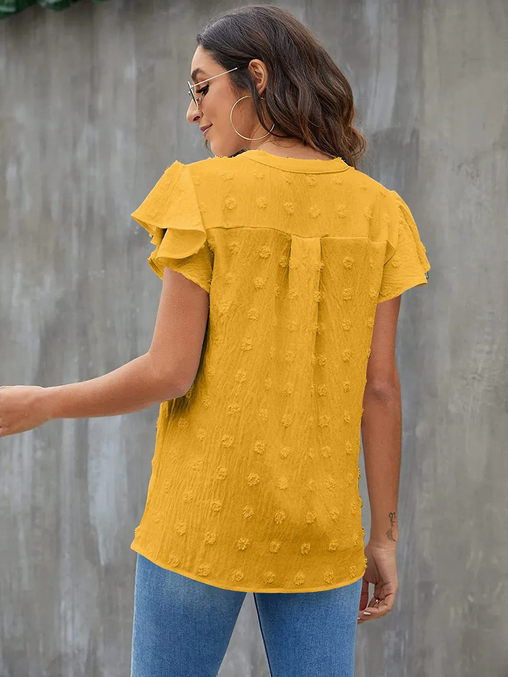 Swiss Dot Notched Flutter Sleeve Blouse, image 31