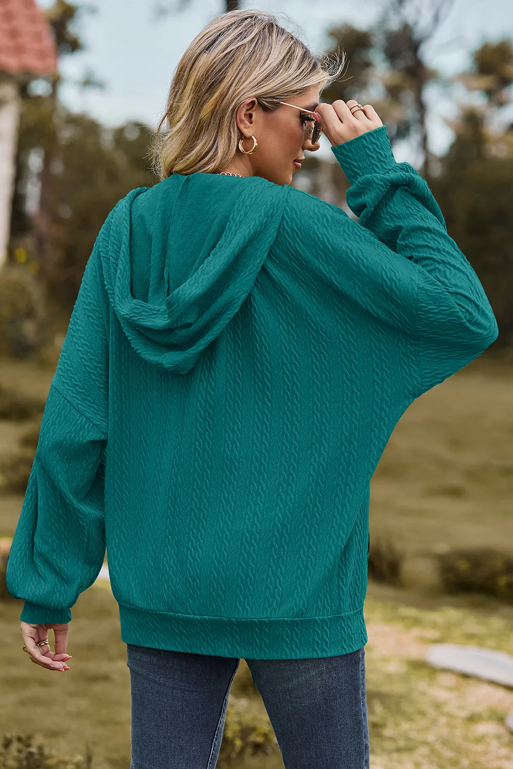 Drawstring Zip Up Dropped Shoulder Hoodie, image 3