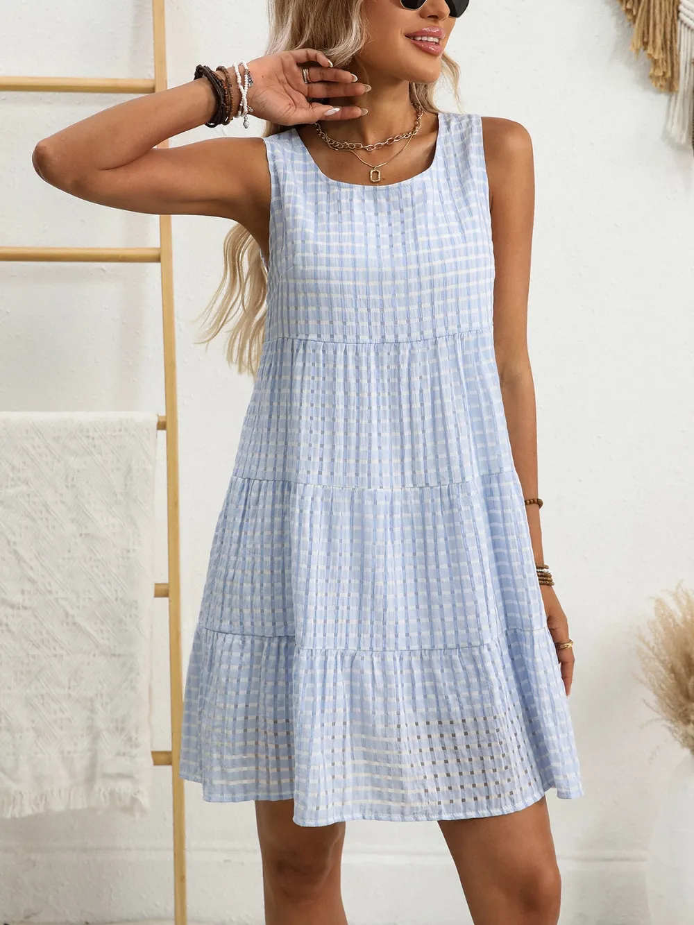 Plaid Round Neck Sleeveless Mini Dress, image 26