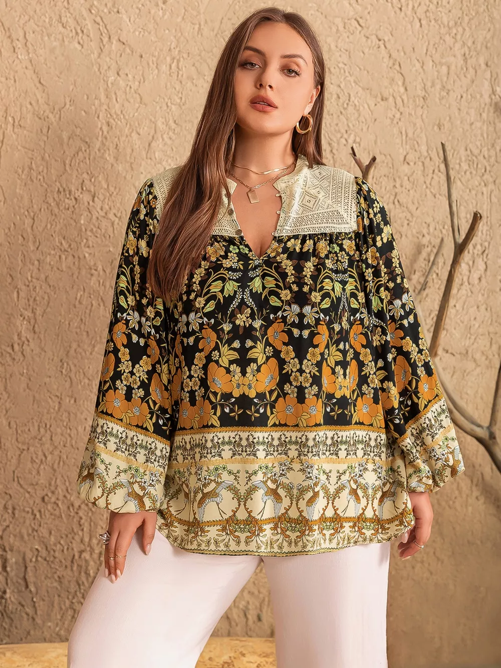 Plus Size Floral Print Notched Blouse, image 5