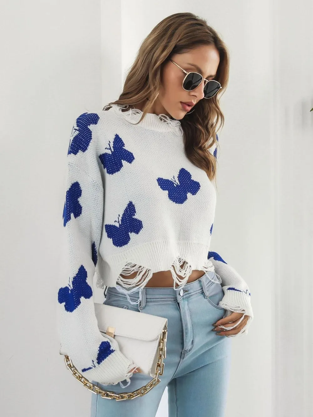 Distressed Butterfly Cropped Sweater, image 8