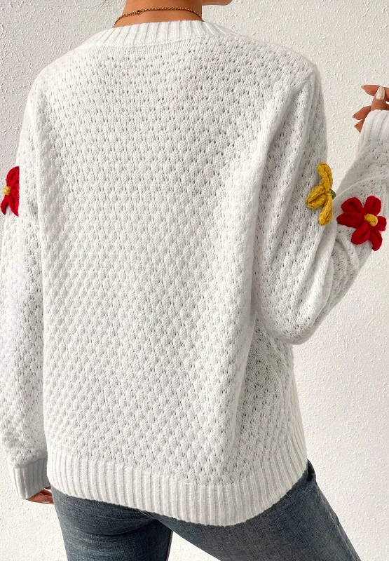 Crochet Flower Round Neck Long Sleeve Sweater, image 13