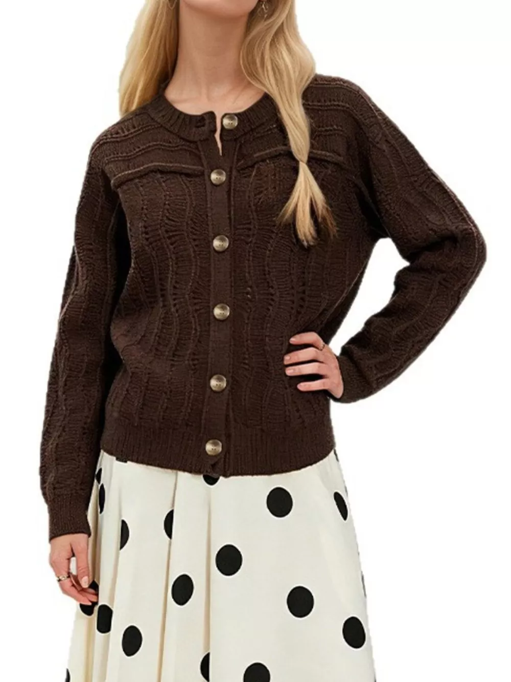 Openwork Button-Down Knit Cardigan, image 2