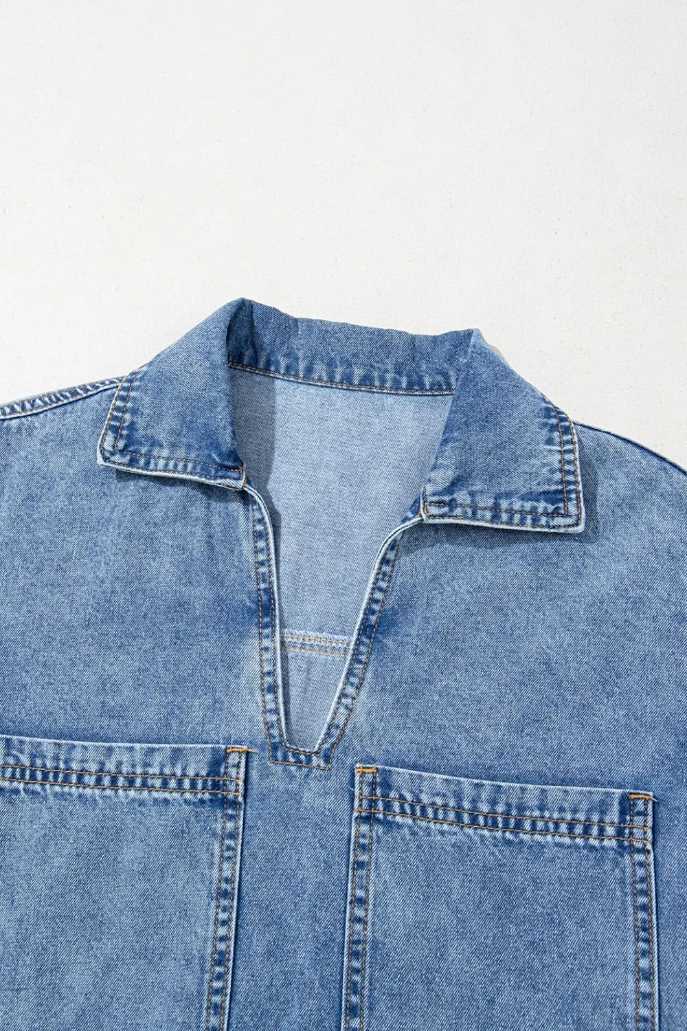 Short Sleeve Collared Patched Pocket Denim Mini Dress, image 19
