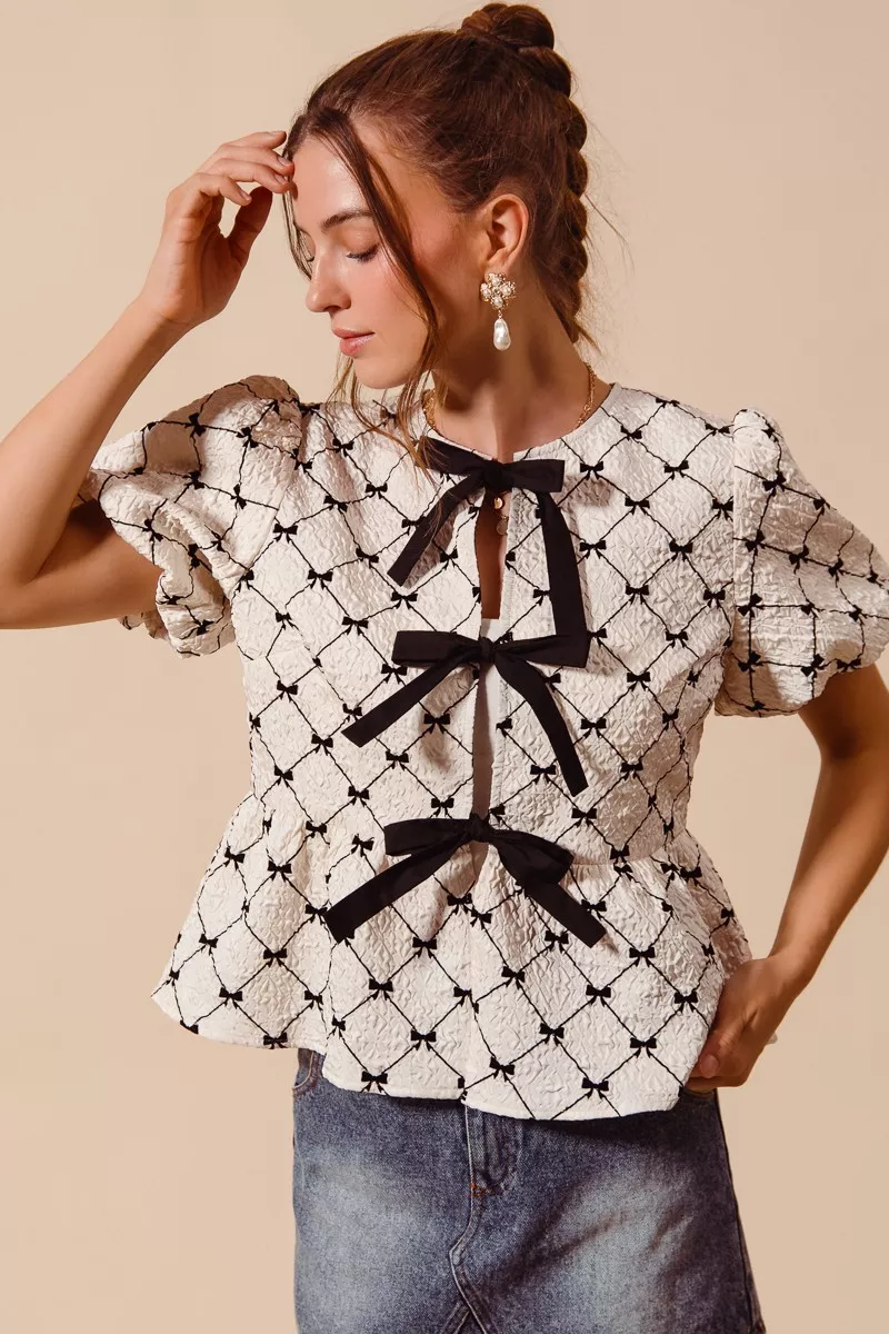 Bow Texture Woven Peplum Top With Contrast Tie, image 5