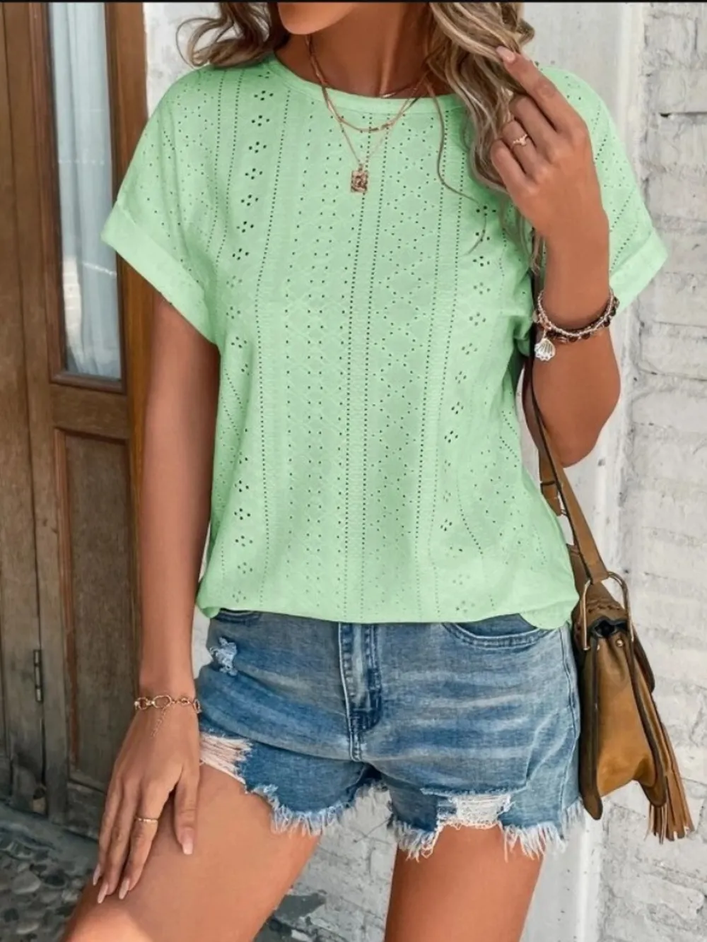 Eyelet Round Neck Short Sleeve T-Shirt, image 25