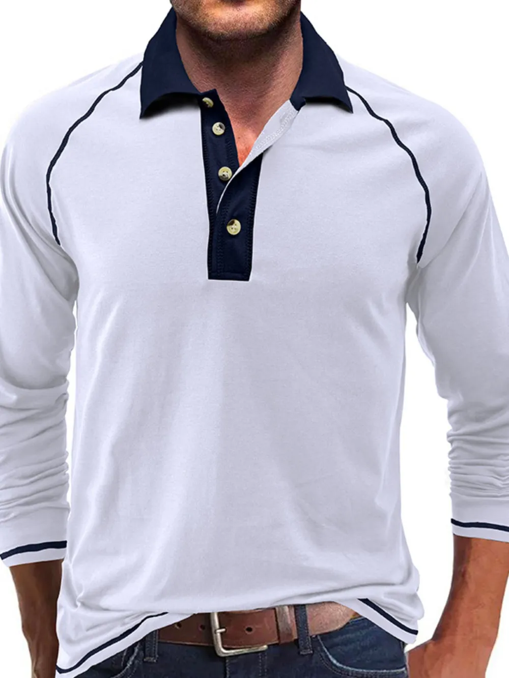 Men's Contrast Collar Long Sleeve Polo Shirt, image 8