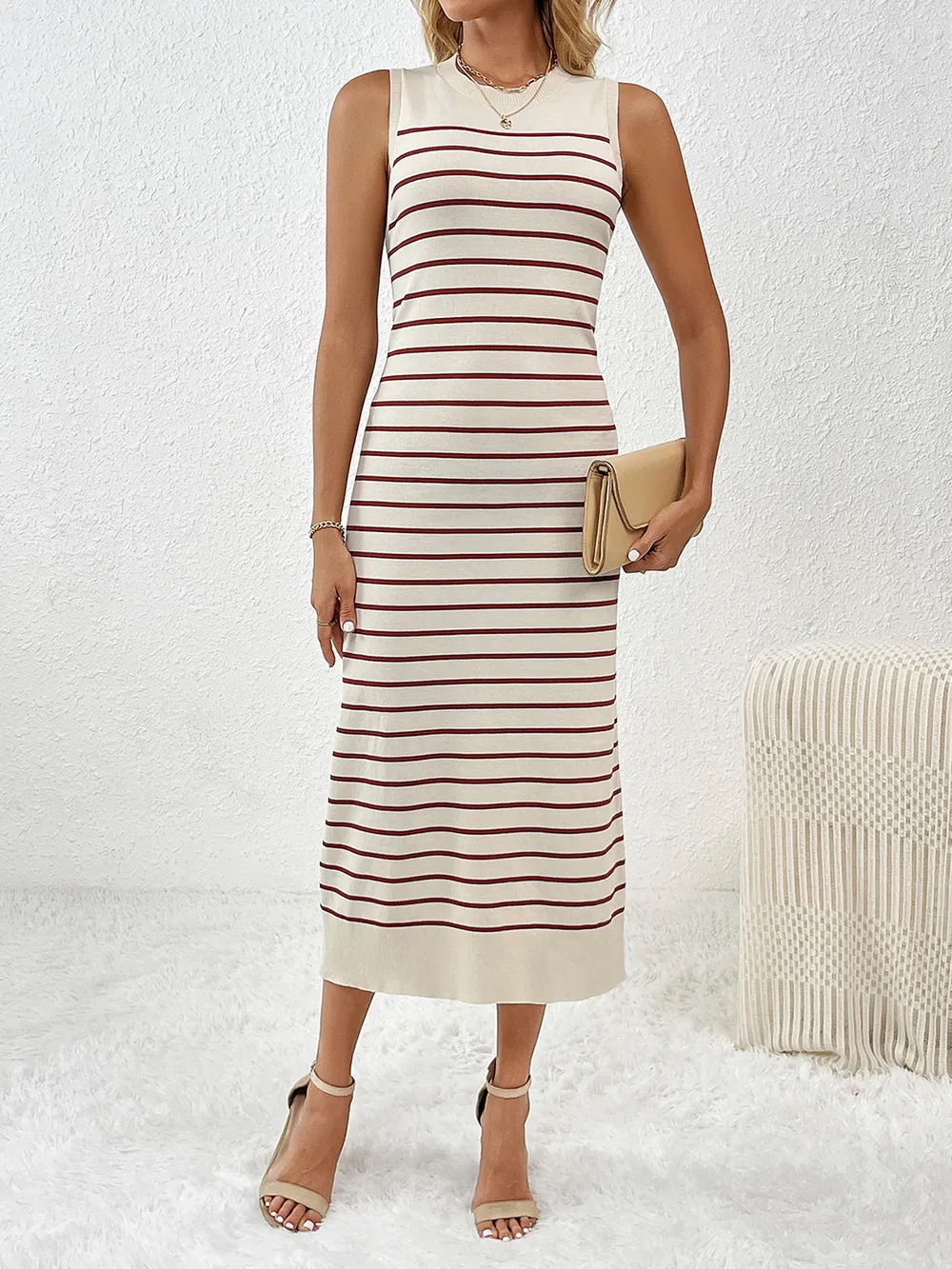 Round Neck Sleeve Midi Knit Dress, image 6