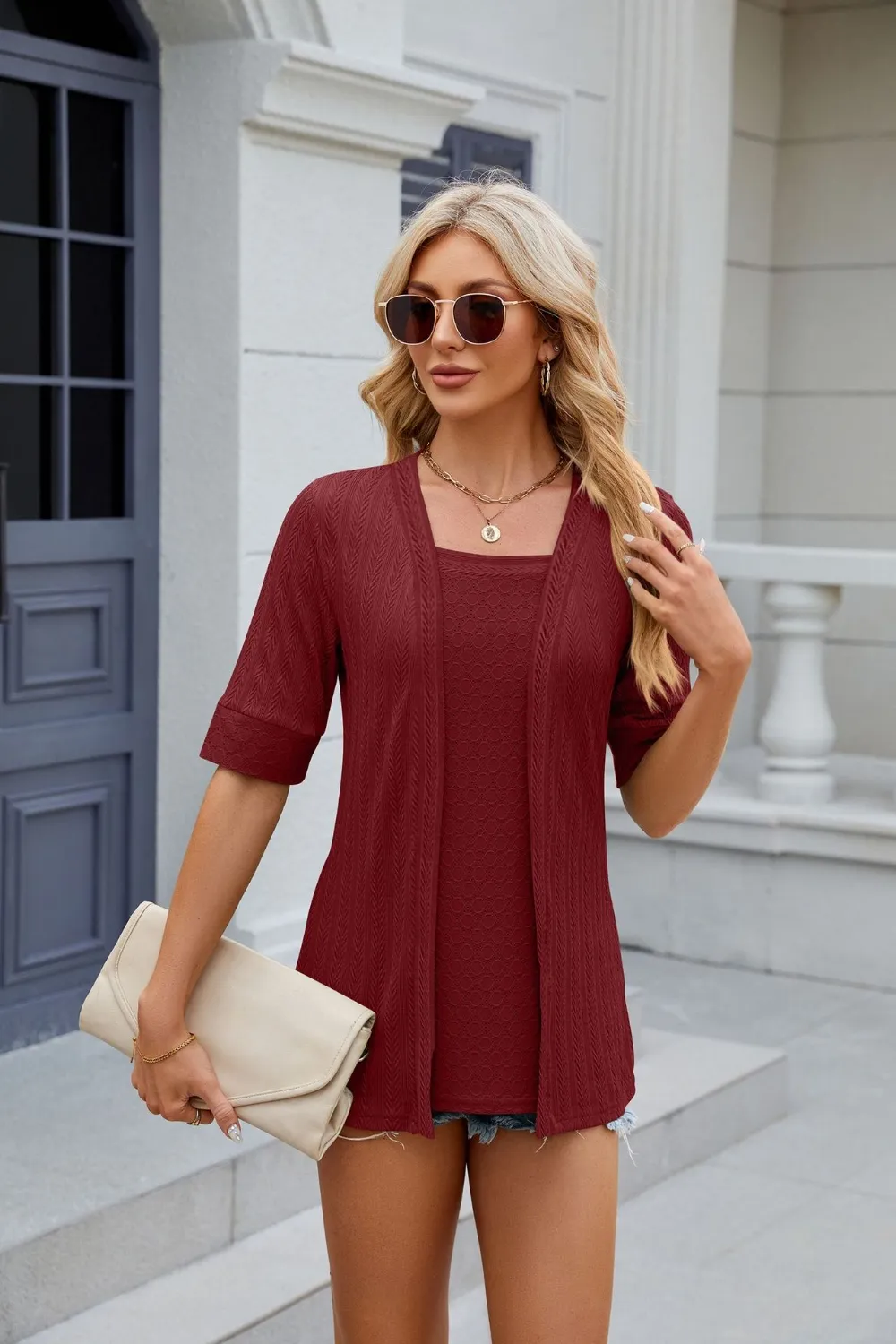 Texture Square Neck Short Sleeve Blouse, image 7