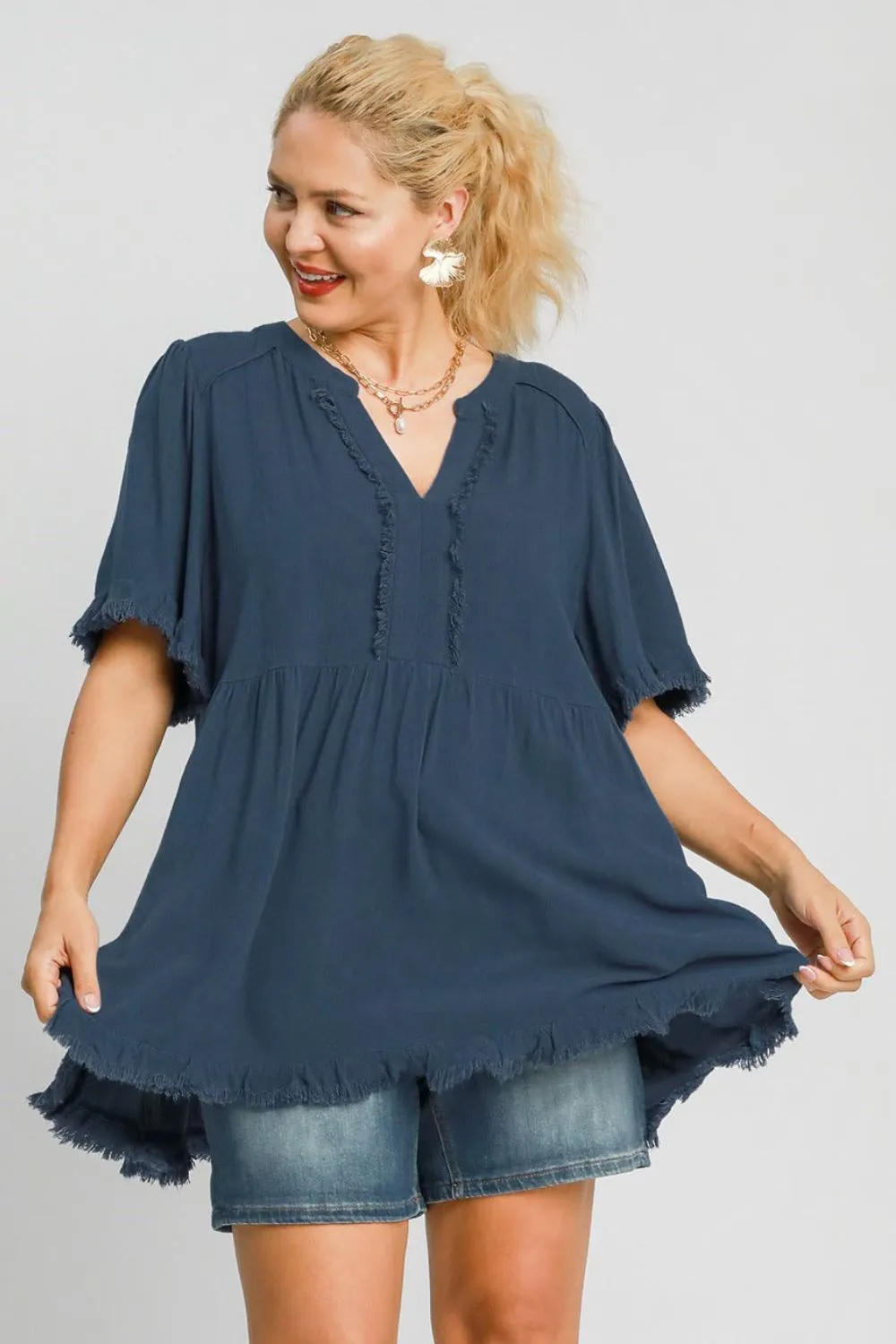 Full Size Raw Hem Notched Babydoll Linen Blouse Plus Size, image 5