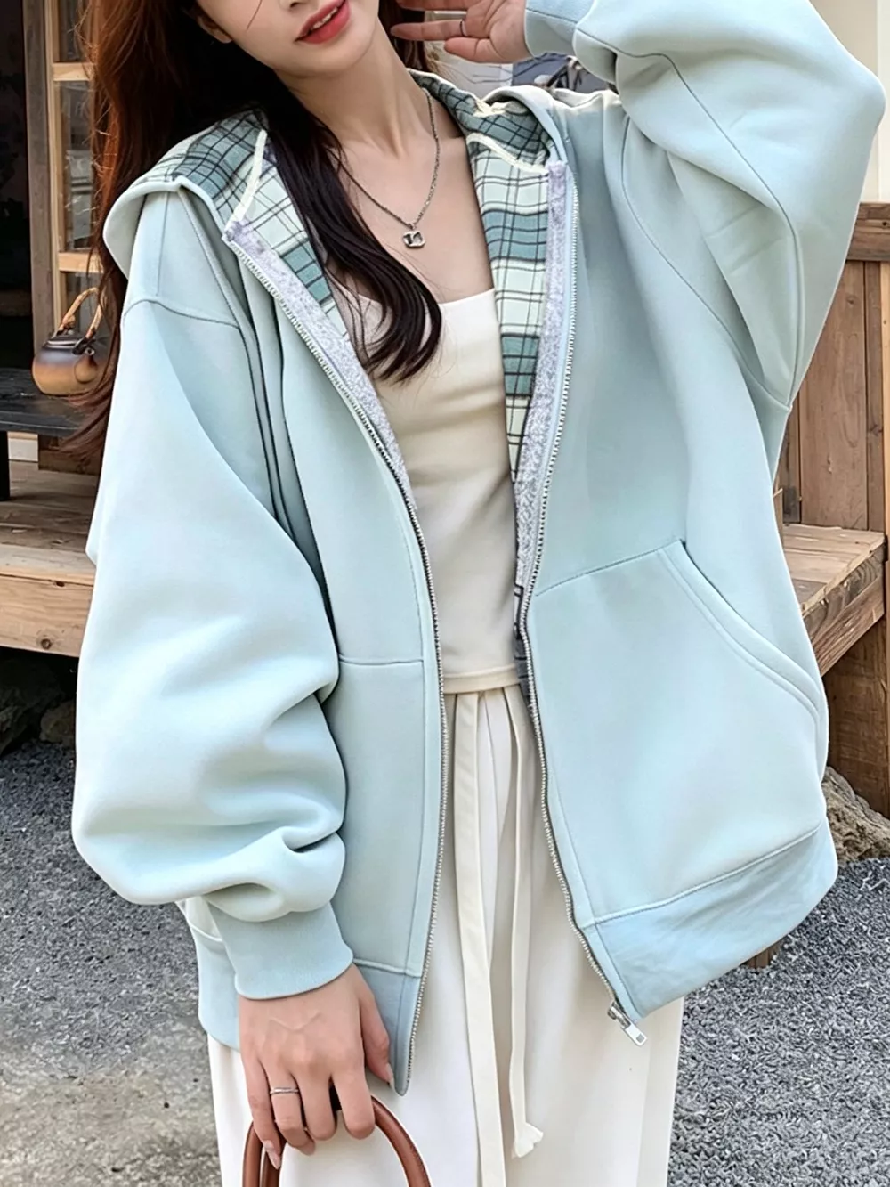 Zip-Up Plaid Lining Hoodie, image 3