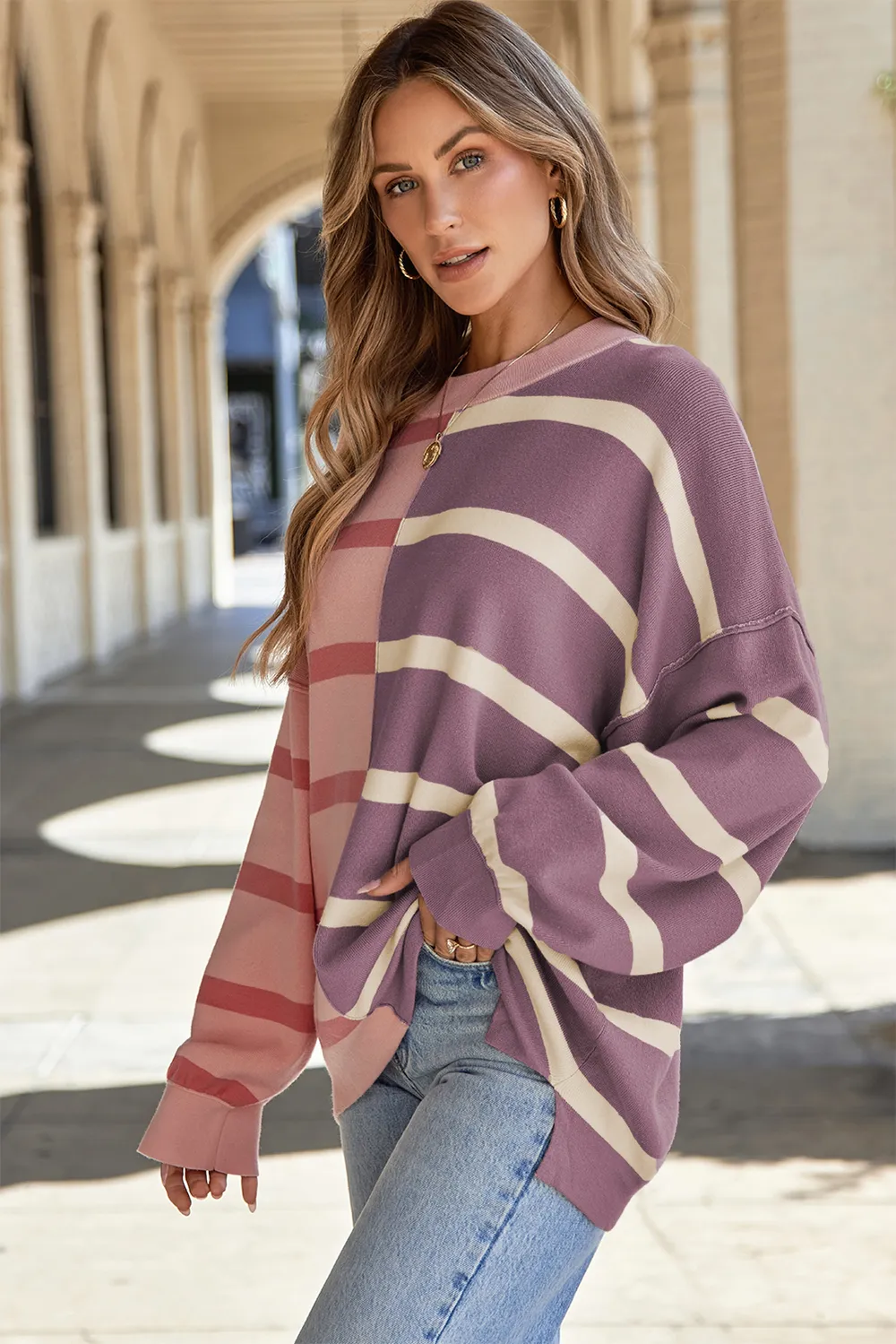 Striped Round Neck Long Sleeve Knit Top, image 17