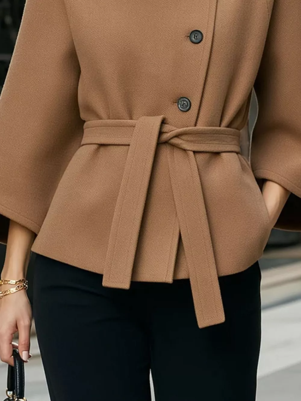 Button Down Cape Coat with Belted Waist, image 3