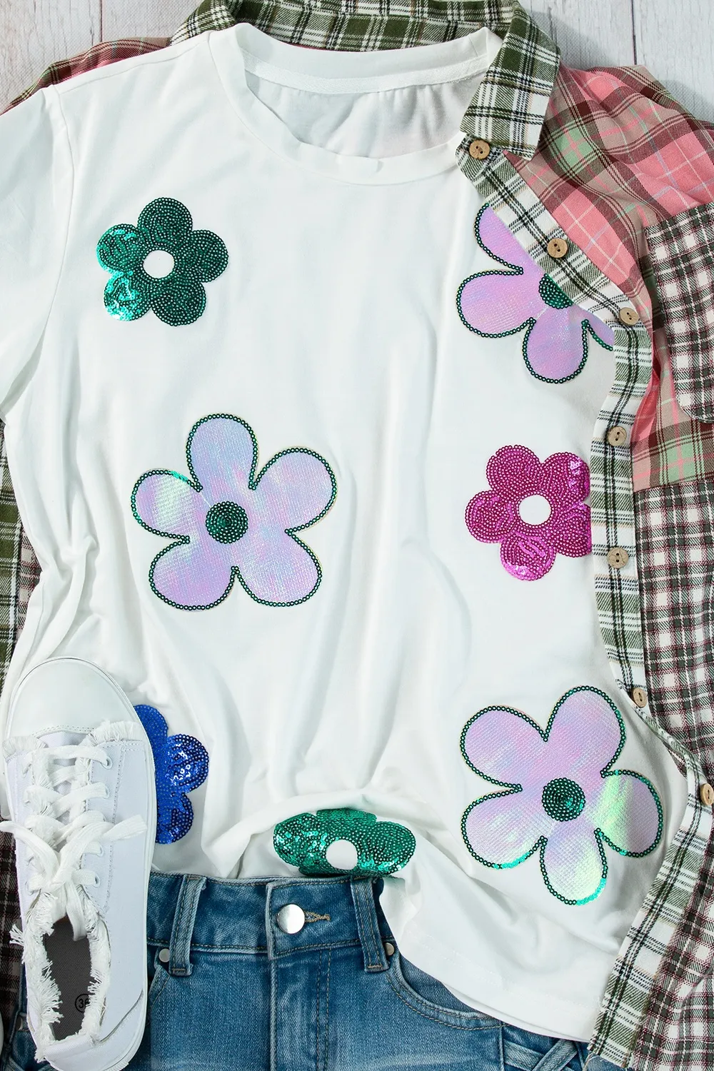 Flower Round Neck Short Sleeve T-Shirt, image 3