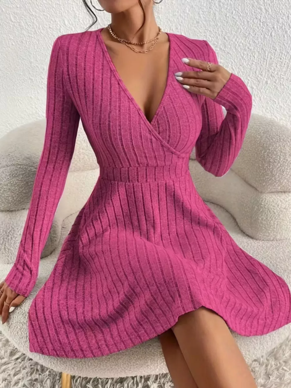 Ribbed Knit Wrap Mini Dress, image 31