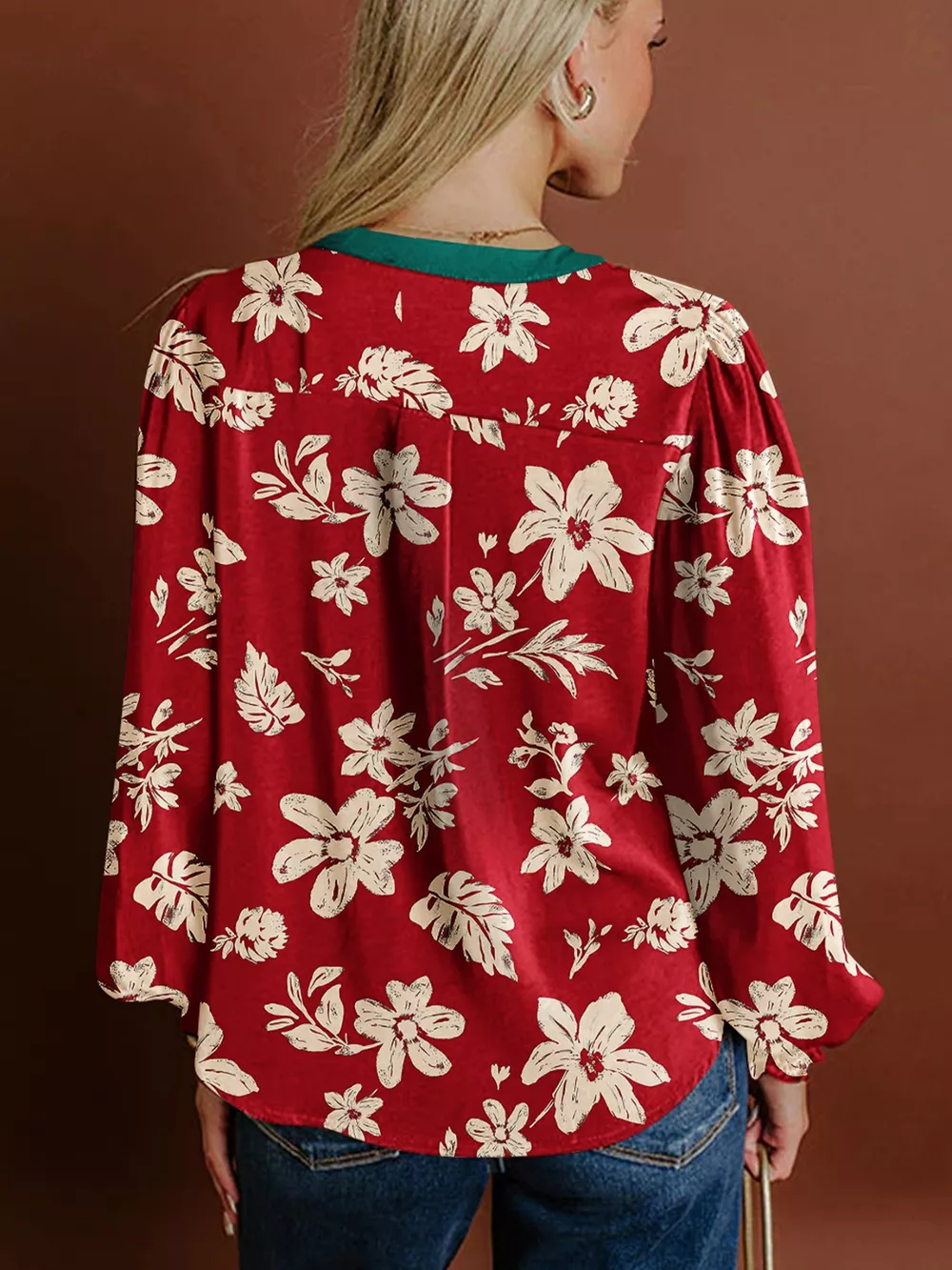 Contrast Tied Neck Shirred Puff Sleeve Flower Blouse, image 2