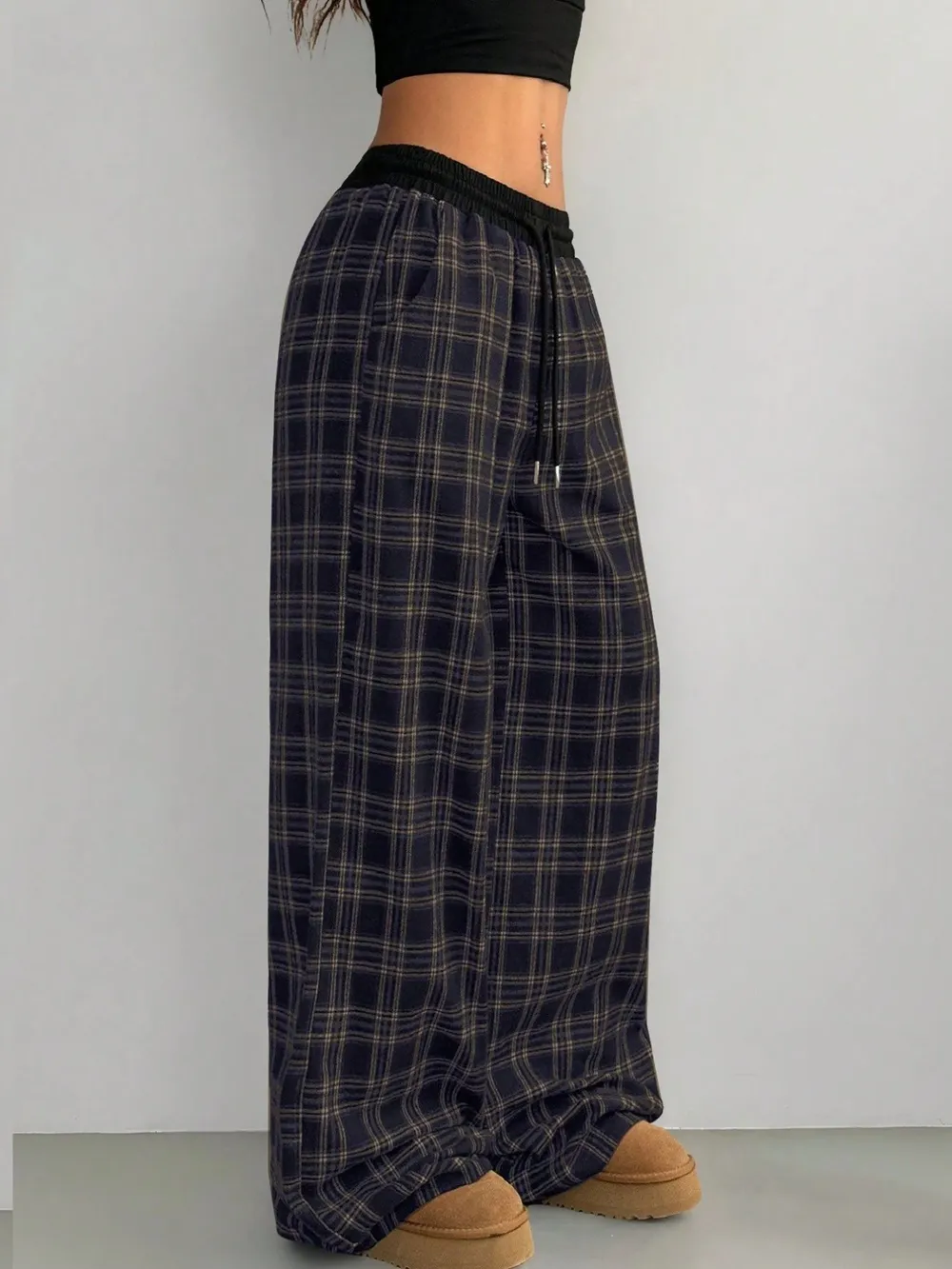 Plaid Wide Leg Pants with Drawstring Waist, image 10
