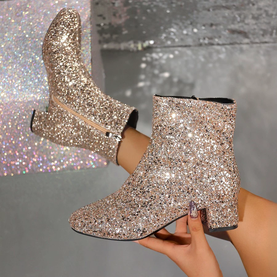 Sequin Round Toe Block Heels Boots, image 4