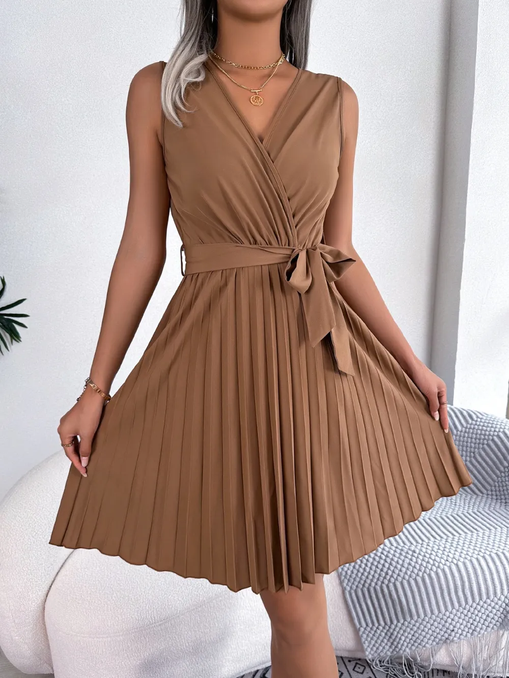 Tied Surplice Sleeveless Pleated Dress, image 13