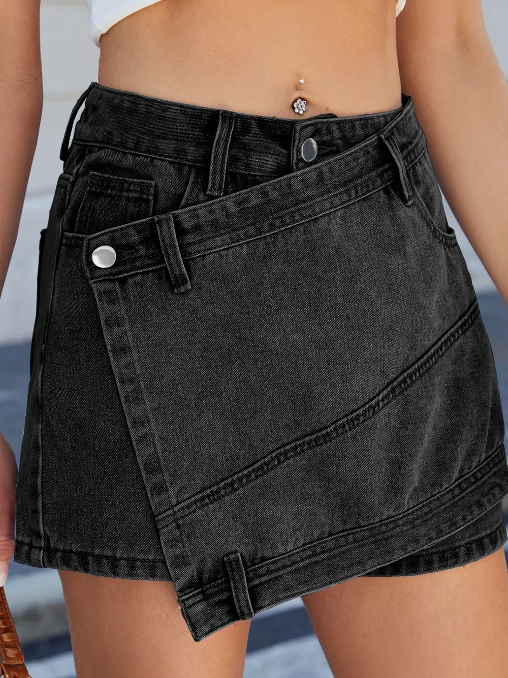 Asymmetrical Denim Skort with Pockets, image 15