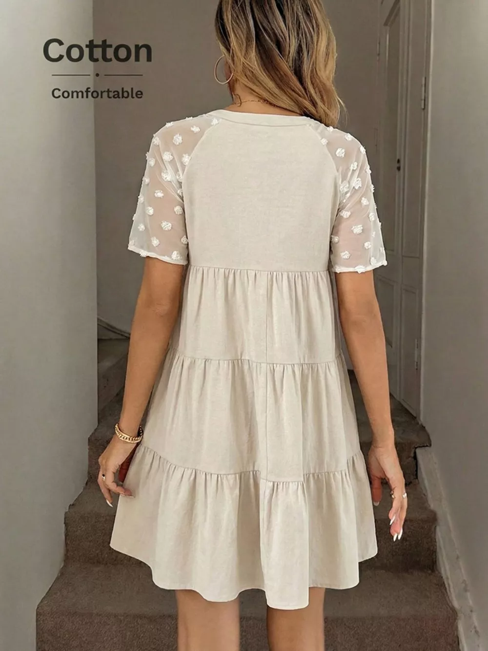 Casual Tiered Mini Dress with Swiss Dot Sleeves, image 4