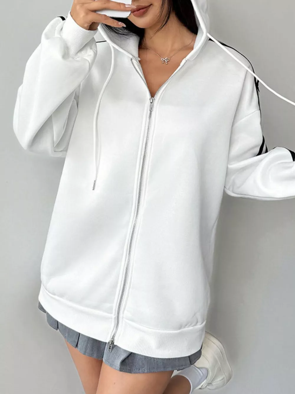 Striped Sleeve Zip-Up Drawstring Hoodie, image 2