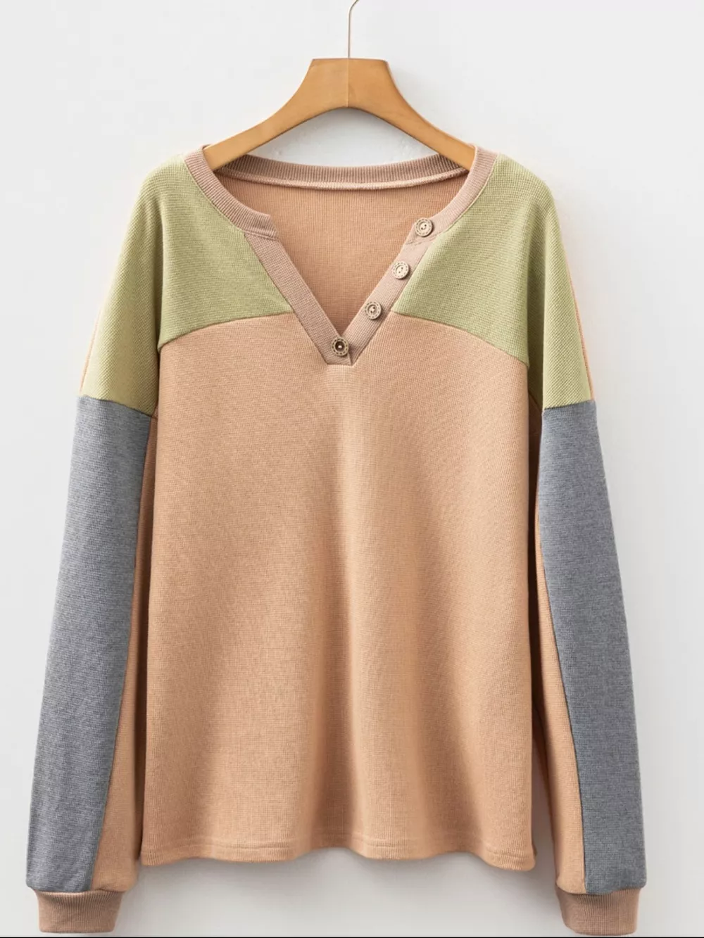 Color Block Thermal Textured Knit Drop Shoulder Henley Top, image 13