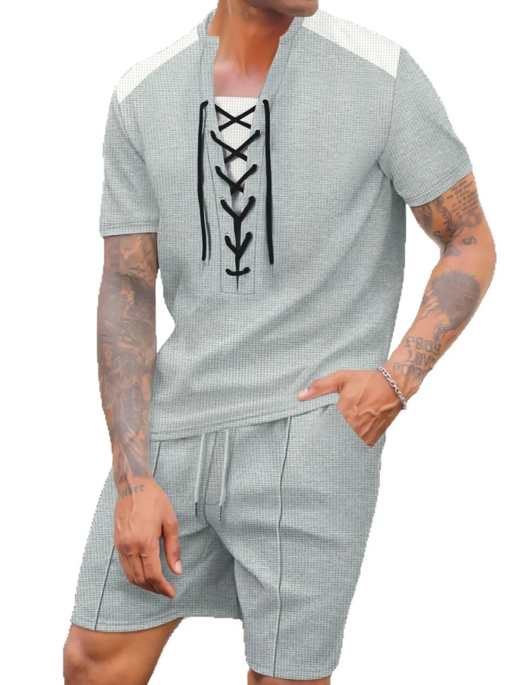 Men's Full Size Lace-Up Waffle Knit Top and Shorts Set Plus Size, image 7