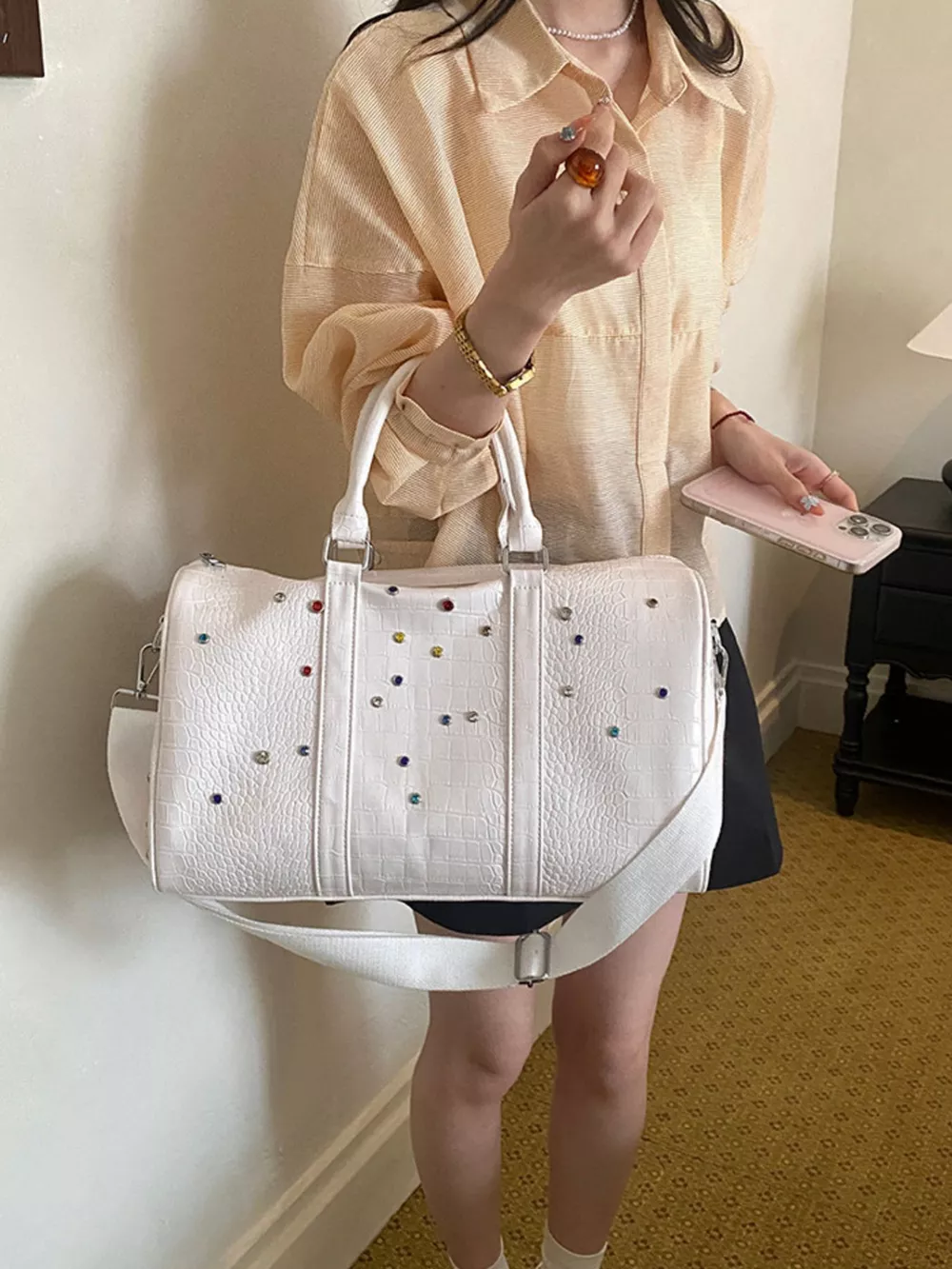 Crocodile Embossed Studded Travel Bag, image 8