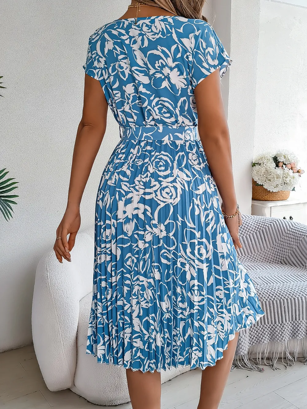 Tied Pleated Printed Short Sleeve Dress, image 12