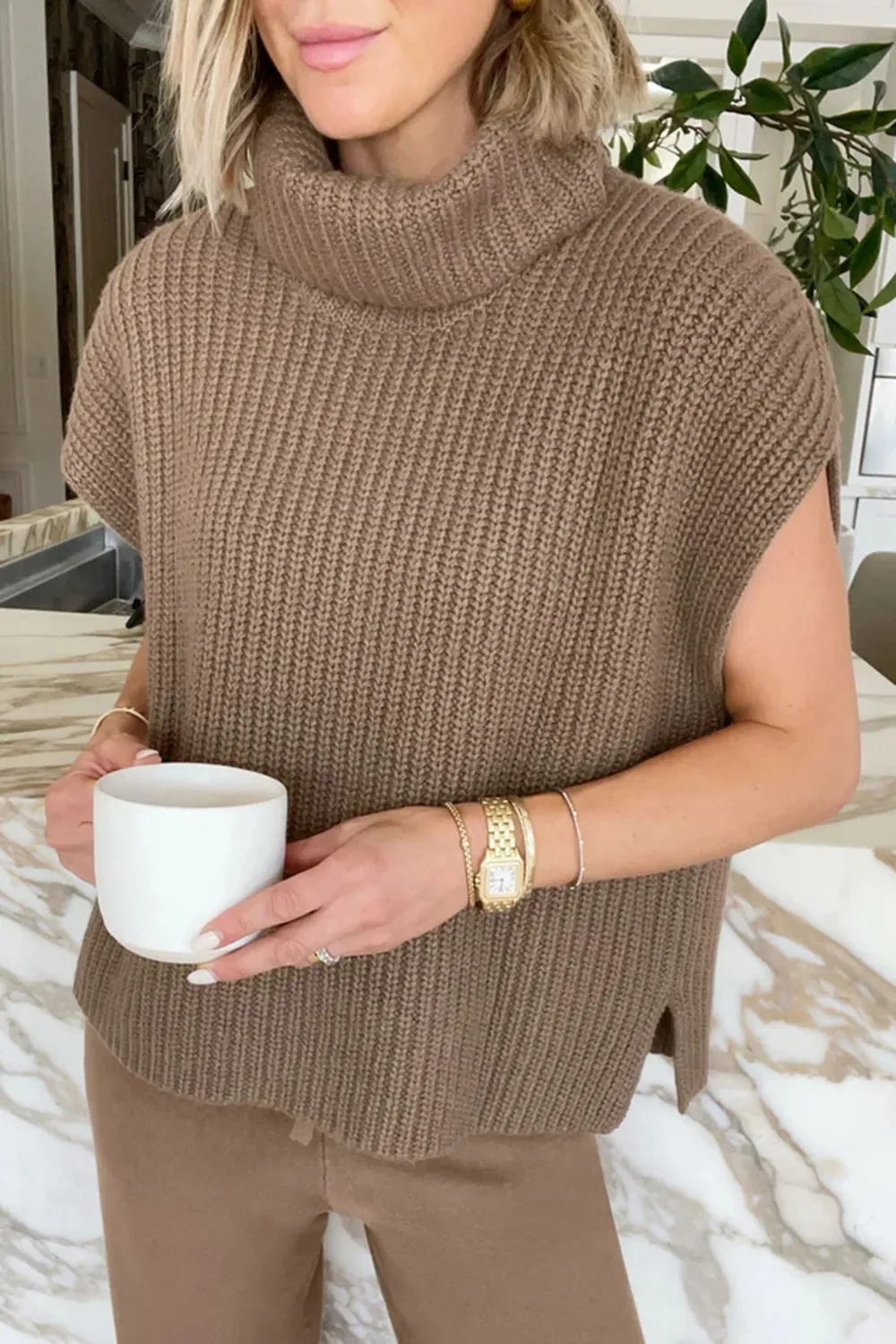 Slit Turtleneck Cap Sleeve Sweater, image 2