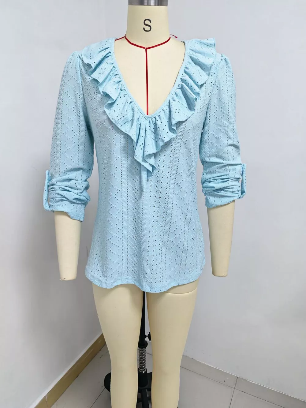 Eyelet Ruffle V-Neck Blouse, image 13