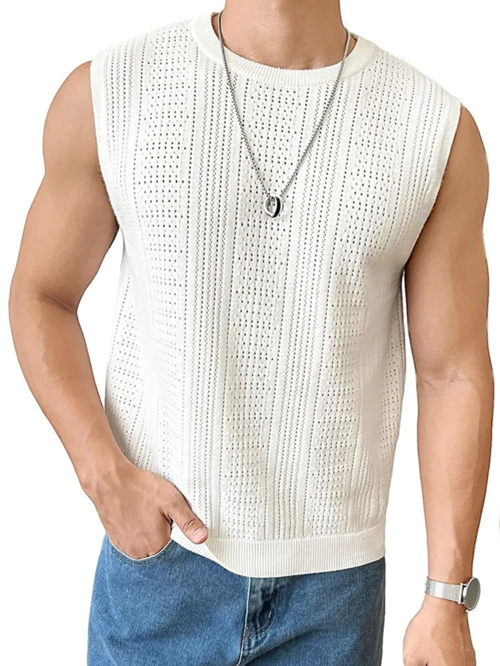 Men's Full Size Eyelet Round Neck Tank Plus Size, image 2