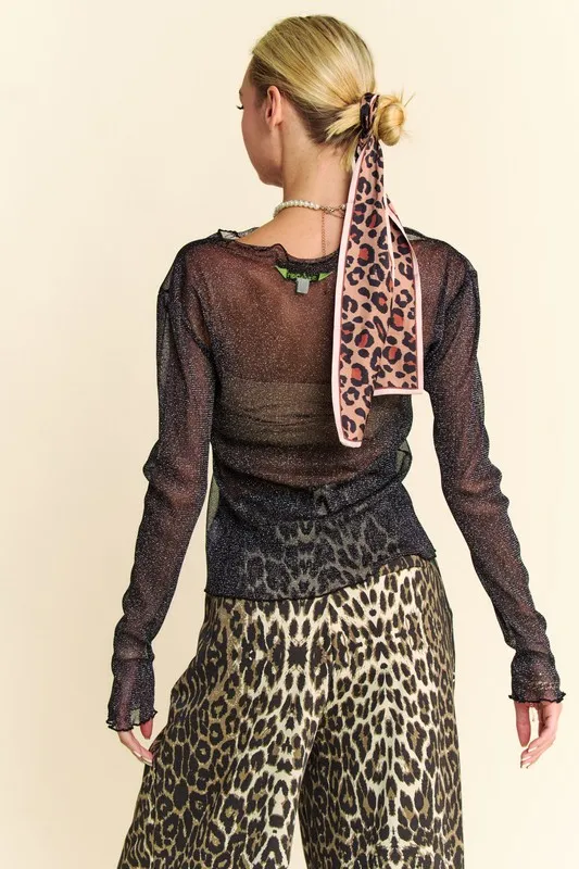 Glitter Mesh Lettuce Hem Long Sleeve Top, image 4