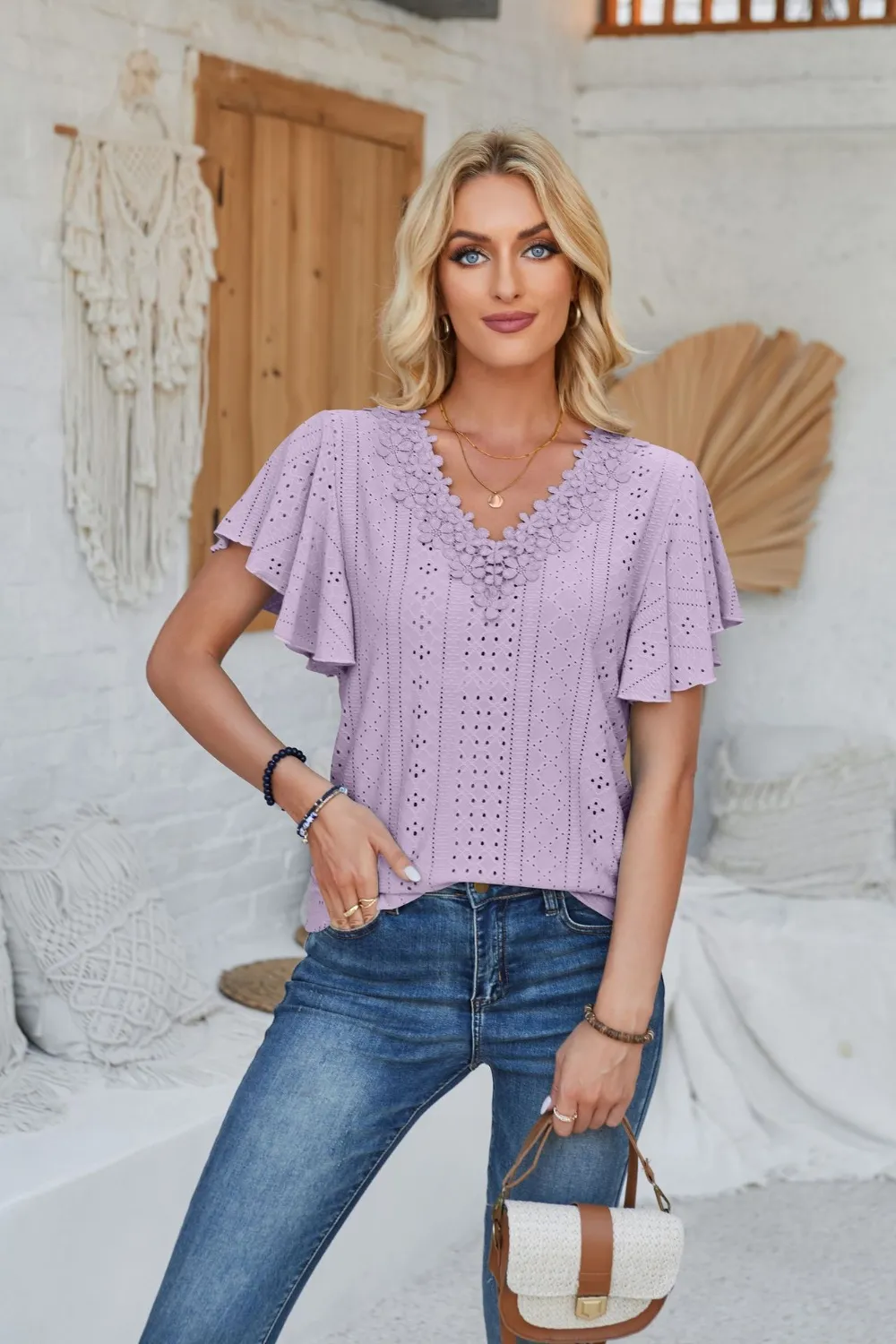 Eyelet Applique V-Neck Cap Sleeve T-Shirt, image 31