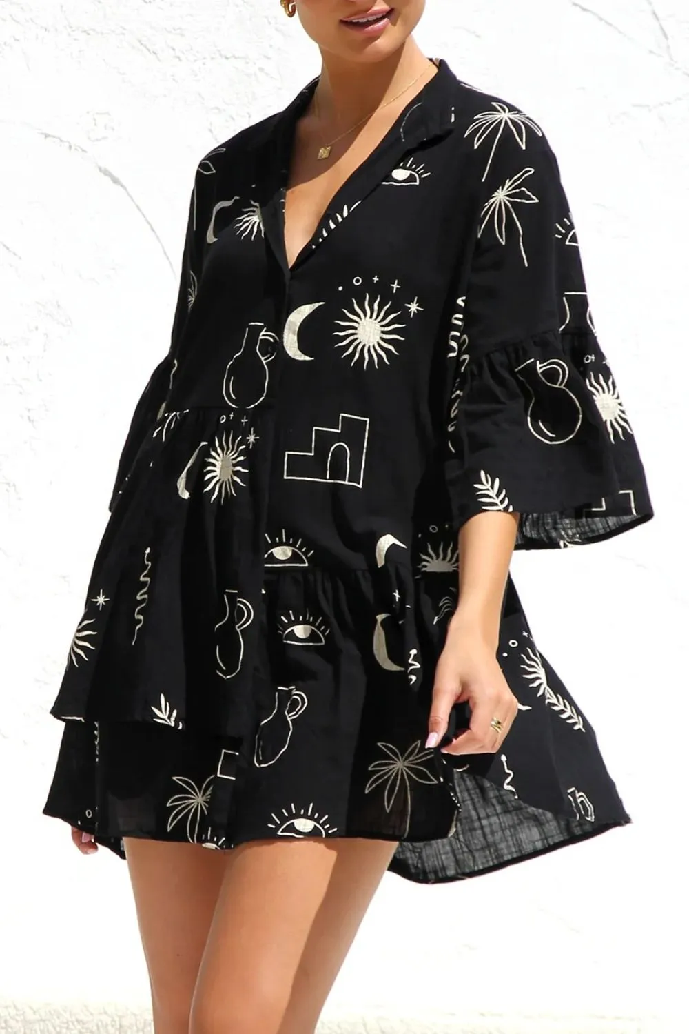 Ruched Printed Three-Quarter Sleeve Mini Dress, image 4