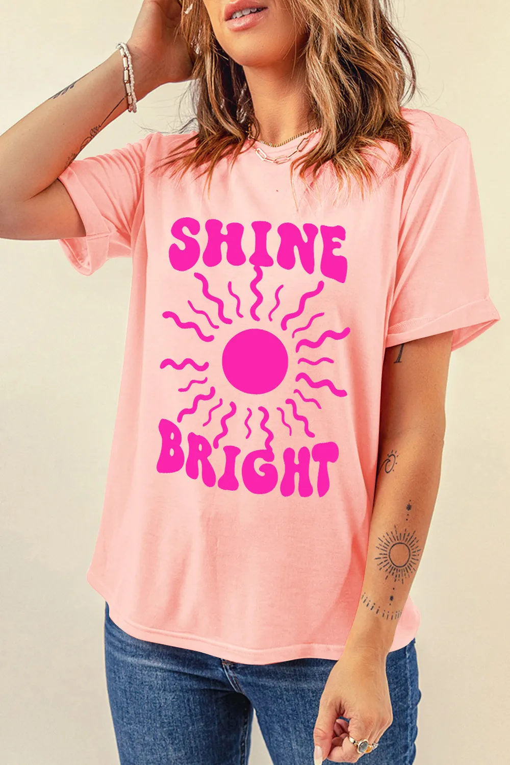 SHINE BRIGHT Round Neck Short Sleeve T-Shirt, image 5