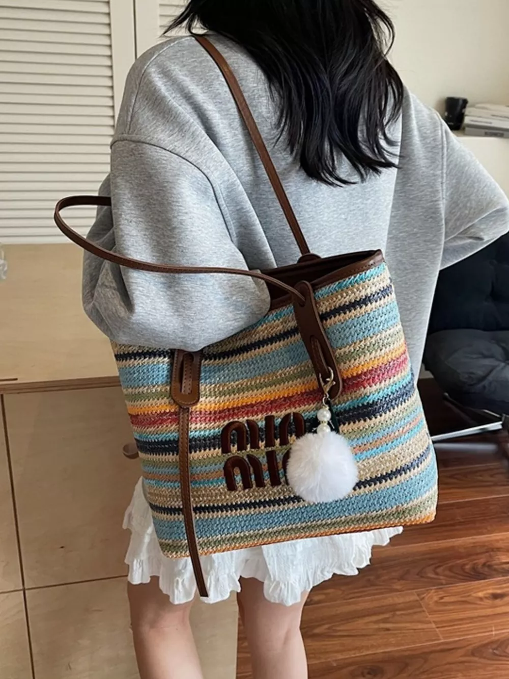 Striped Woven Shoulder Bag, image 6