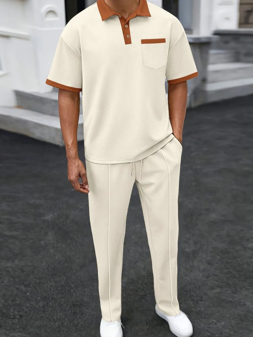 Men's Full Size Waffle-Knit Contrast Polo and Pants Set Plus Size