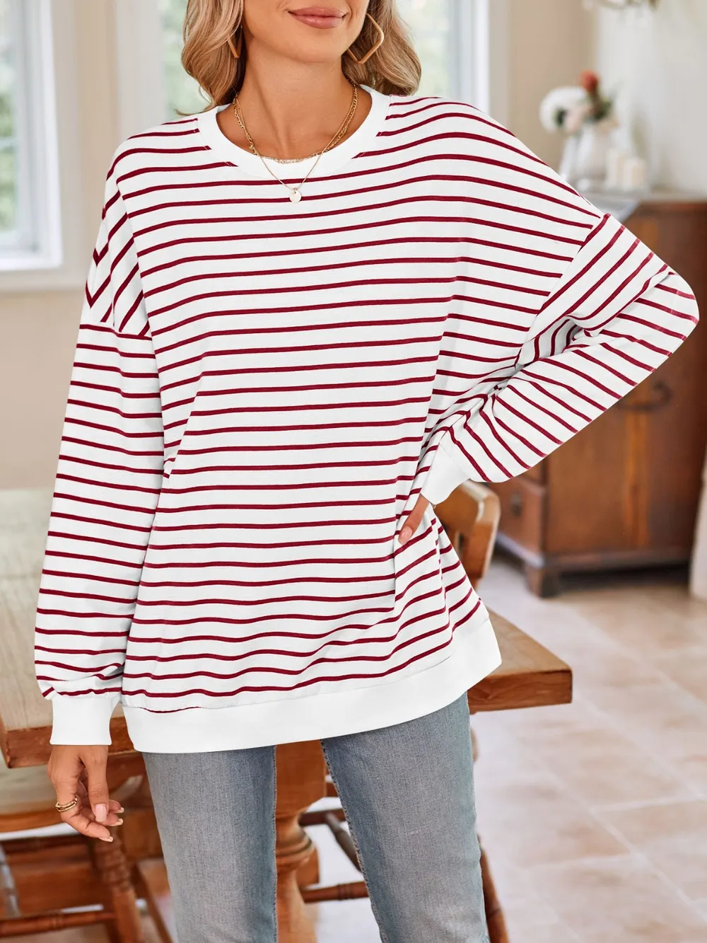 Striped Round Neck Long Sleeve Sweatshirt, image 15