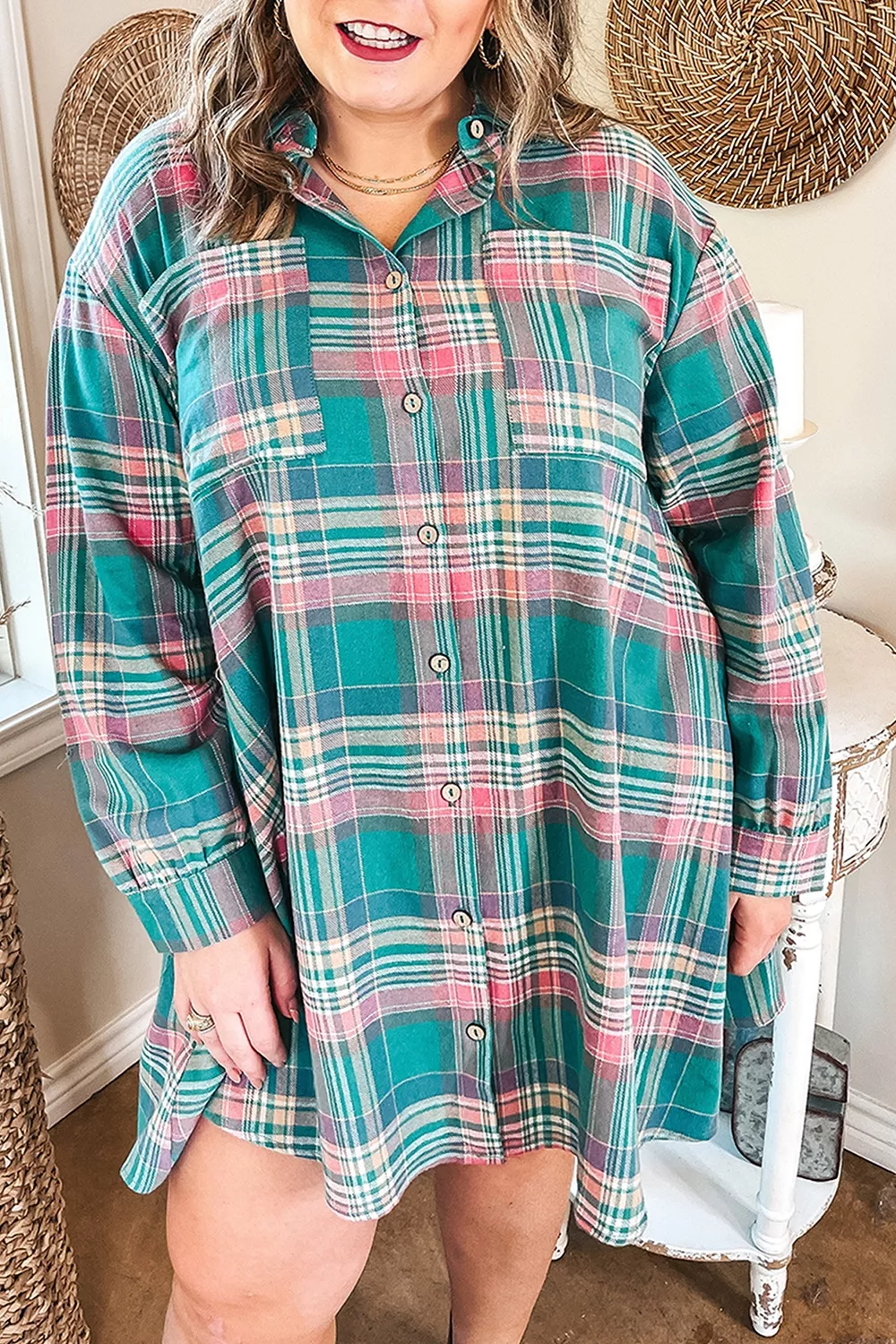 Plus Size Plaid Button-Up Shift Long Sleeve Dress, image 3