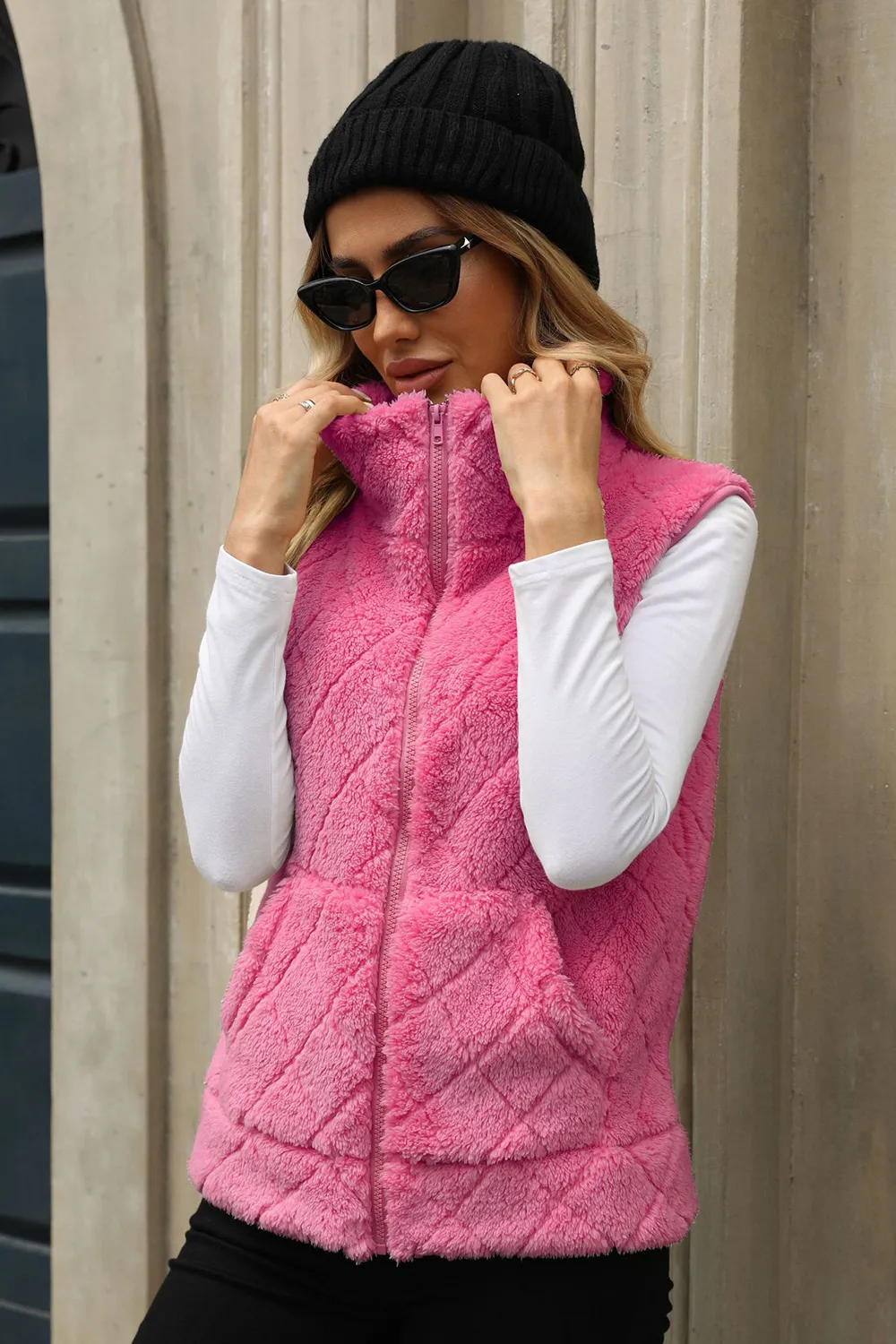 Fuzzy Plaid Texture Zip Up Vest Coat, image 12
