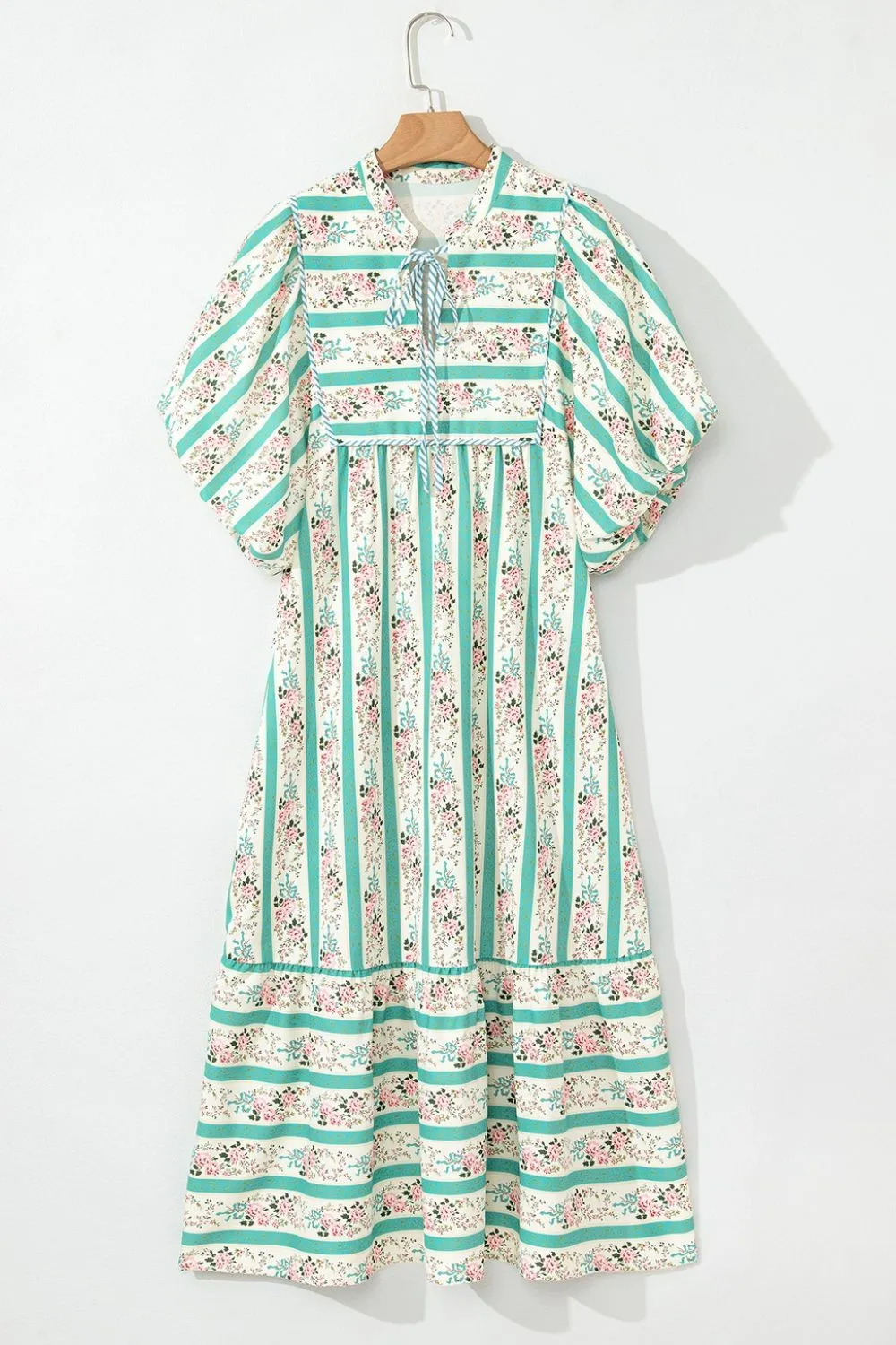 Striped Floral Print Tie Neck Puff Sleeve Midi Dress, image 12