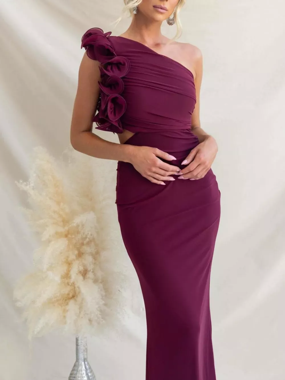 One-Shoulder Floral Trim Sleeveless Maxi Dress, image 33