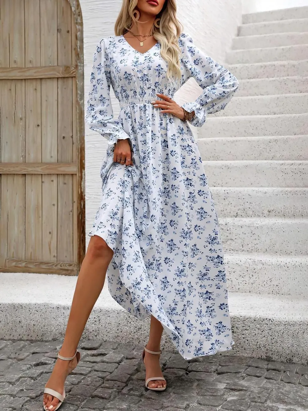 Smocked Printed V-Neck Flounce Sleeve Dress, image 12