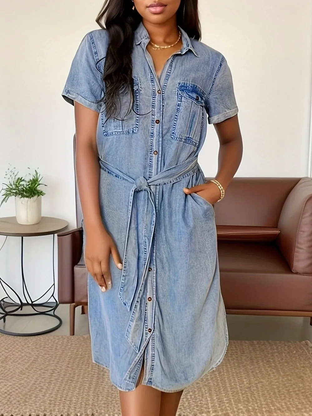 Button Front Short Sleeve Denim Dress, image 2